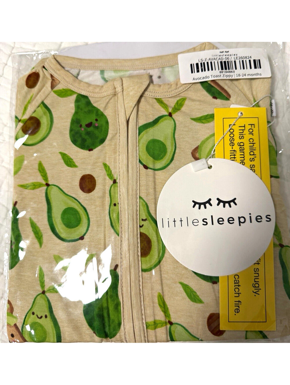 Little Sleepies Avocado Toast Zippy One Piece Pajamas 18-24 Months Long Sleeve